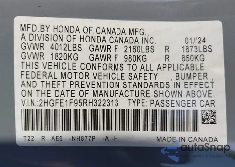 2024 Honda Civic Touring from USA, damaged, VIN 2HGFE1F95RH322313